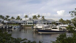 Un port de plaisance où sont amarrés plusieurs bateaux, entouré de palmiers et de bâtiments à l’architecture tropicale.