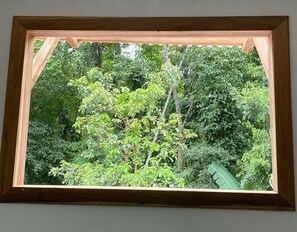 A window with a view of dense green foliage and trees.