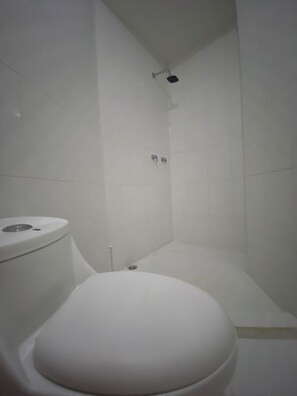 Shower, towels, soap, toilet paper