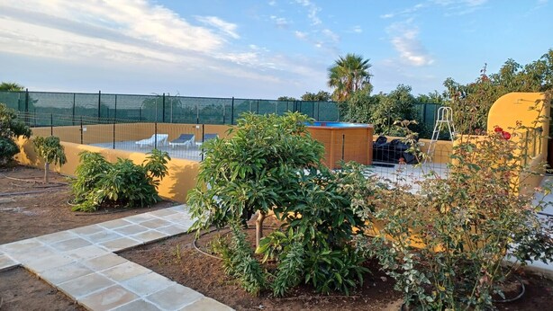 Un espacio al aire libre cercado con piscina, sillas de descanso y un jardín con diversas plantas.