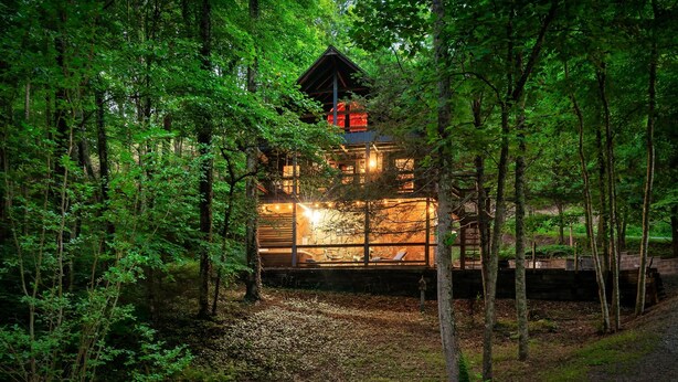 Una cabaña de madera ubicada en un bosque, rodeada de árboles frondosos.