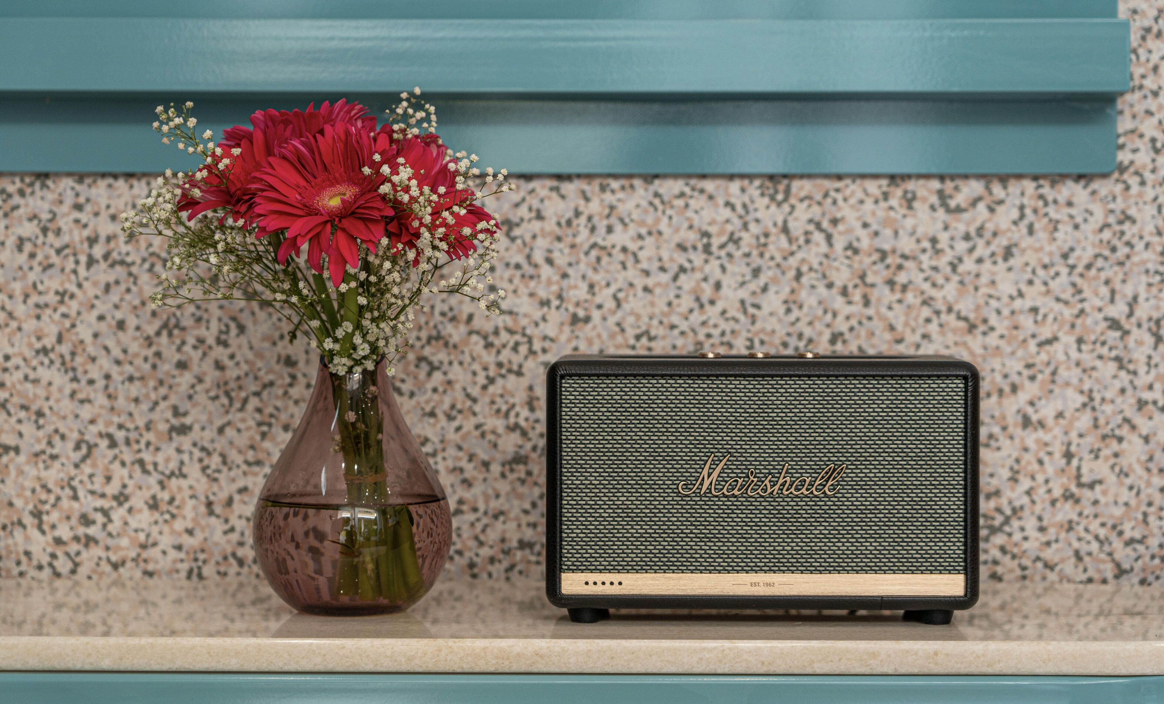 A vintage Marshall amplifier and a vase with red flowers on a countertop.