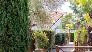 A pathway leading to a building with a tiled roof, surrounded by various plants and trees. - Résidence Amaréna (Saint-Paul-les-Dax)