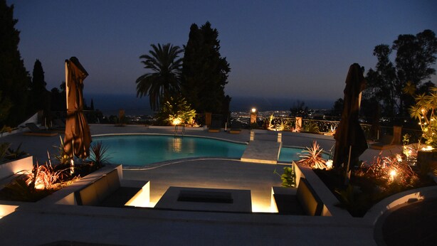 A swimming pool with surrounding lounge areas and palm trees.
