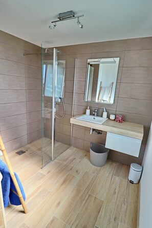 Combined shower/bathtub, hair dryer