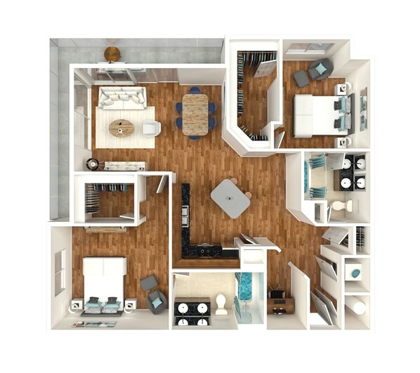 Ein modernes Apartment mit Wohnzimmer, Essbereich, Küche, zwei Schlafzimmern, einem Badezimmer und einem kleinen Balkon.