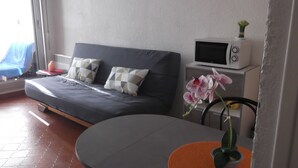 A modern room with a grey sofa, patterned cushions, a small table with a vase of flowers, and a microwave on a white cabinet. - Studio rental (Saint-Mandrier-sur-Mer)