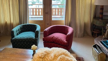 Smart TV, fireplace, books, stereo