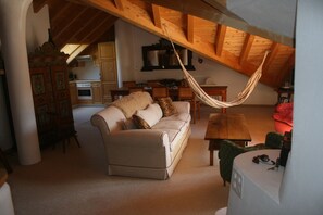 Smart TV, fireplace, books, stereo