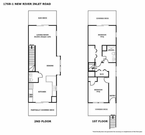 Een plattegrond van een appartement op de tweede en eerste verdieping, met zonneterras, woonkamer, eetgedeelte, keuken en een overdekt terras.