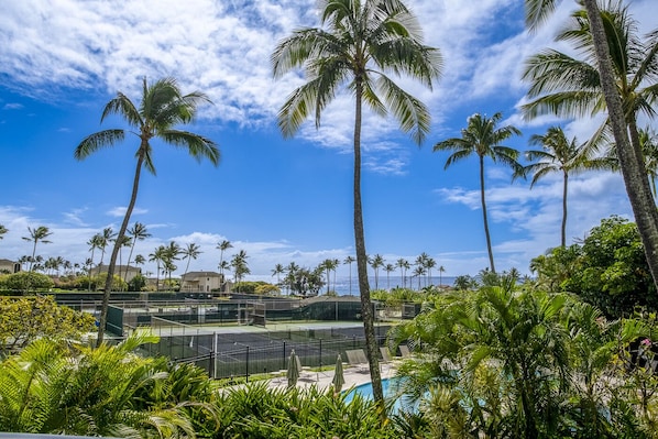 A resort with a pool, palm trees, and a clear blue sky.