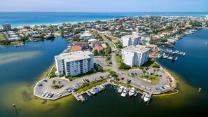Overlooking the marina, this coastal town offers stunning views of the surrounding water and coastline.