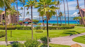 A resort with a swimming pool, palm trees, and a view of the ocean.