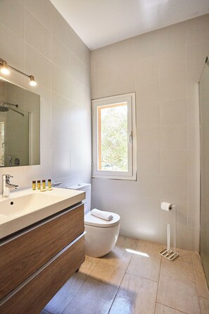 Hair dryer, towels, soap, toilet paper