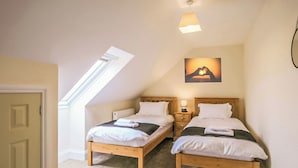 A bedroom with two wooden beds, a skylight, a bedside table with a lamp, and a painting on the wall.