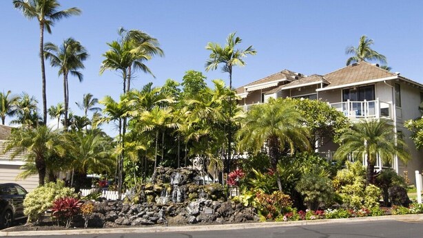 A residential area with a house featuring a stone waterfall feature, surrounded by palm trees and various plants. - Grand Champions Villas 61- Wailea (Kihei)