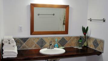 Shower, towels, soap, shampoo