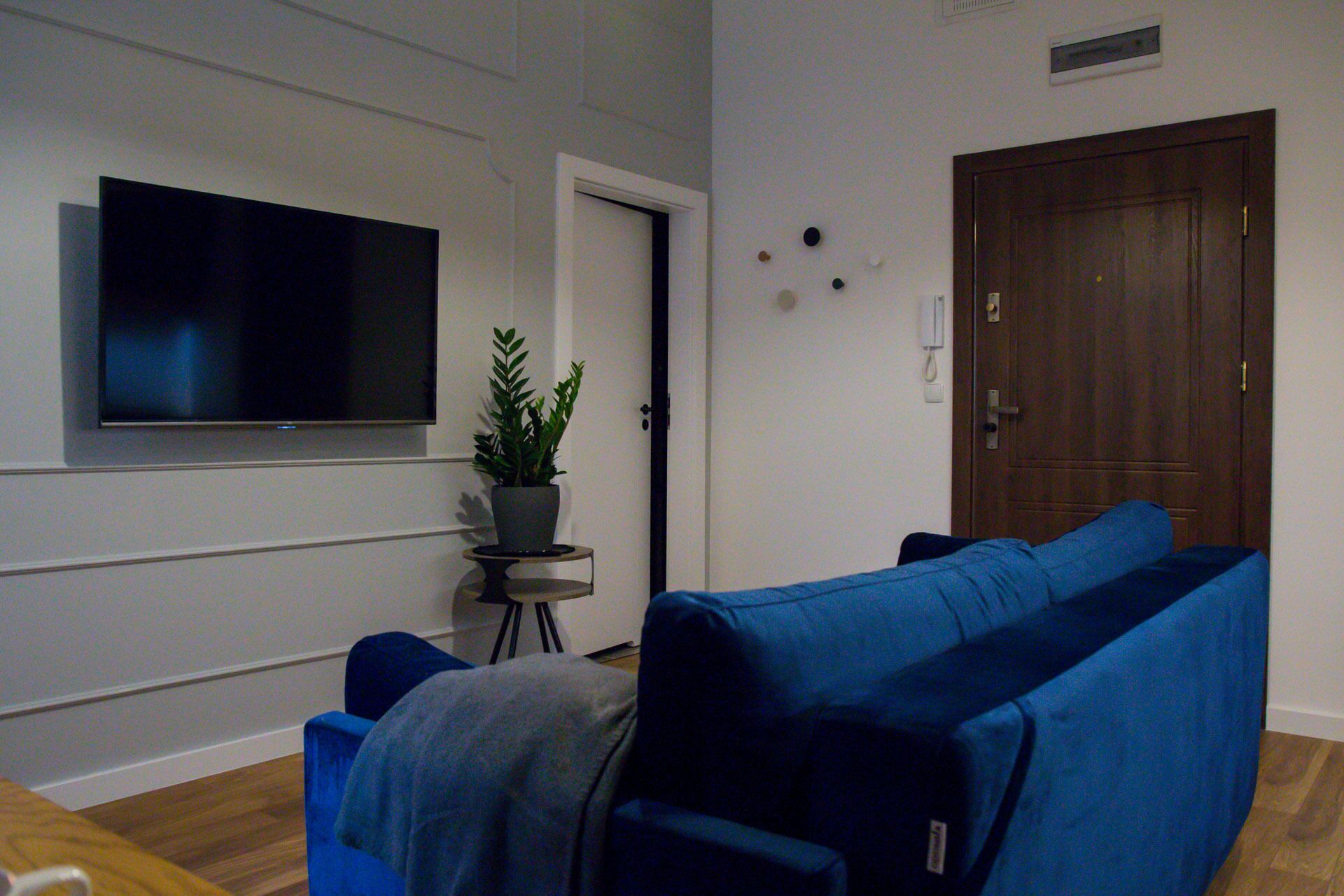 A living room with a blue sofa, a television mounted on the wall, a potted plant on a small table, and a wooden door.