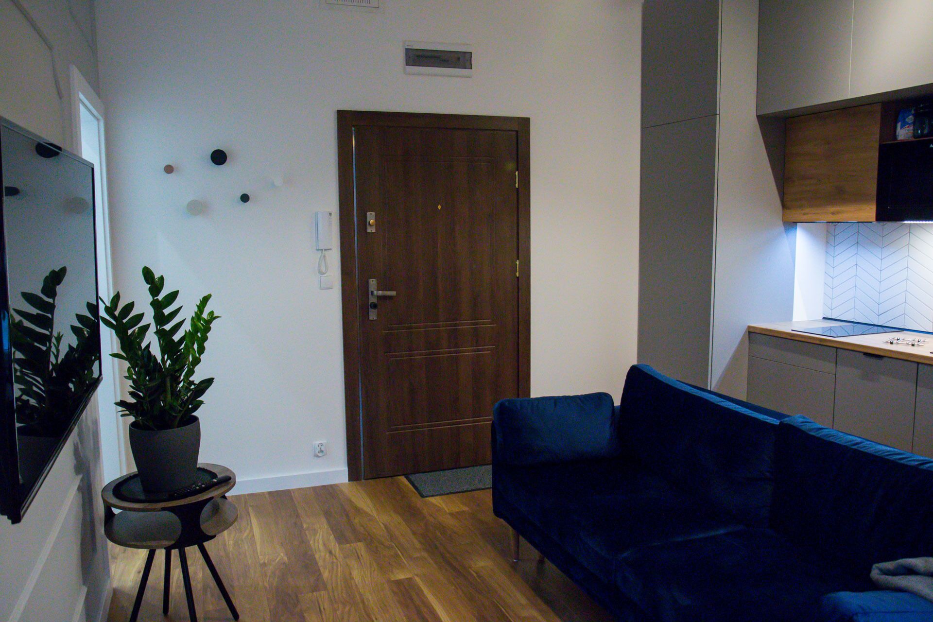 A compact living space with a wooden floor, a blue sofa, a small round table with a potted plant, a wooden door, and a kitchenette area with cabinets and a countertop.