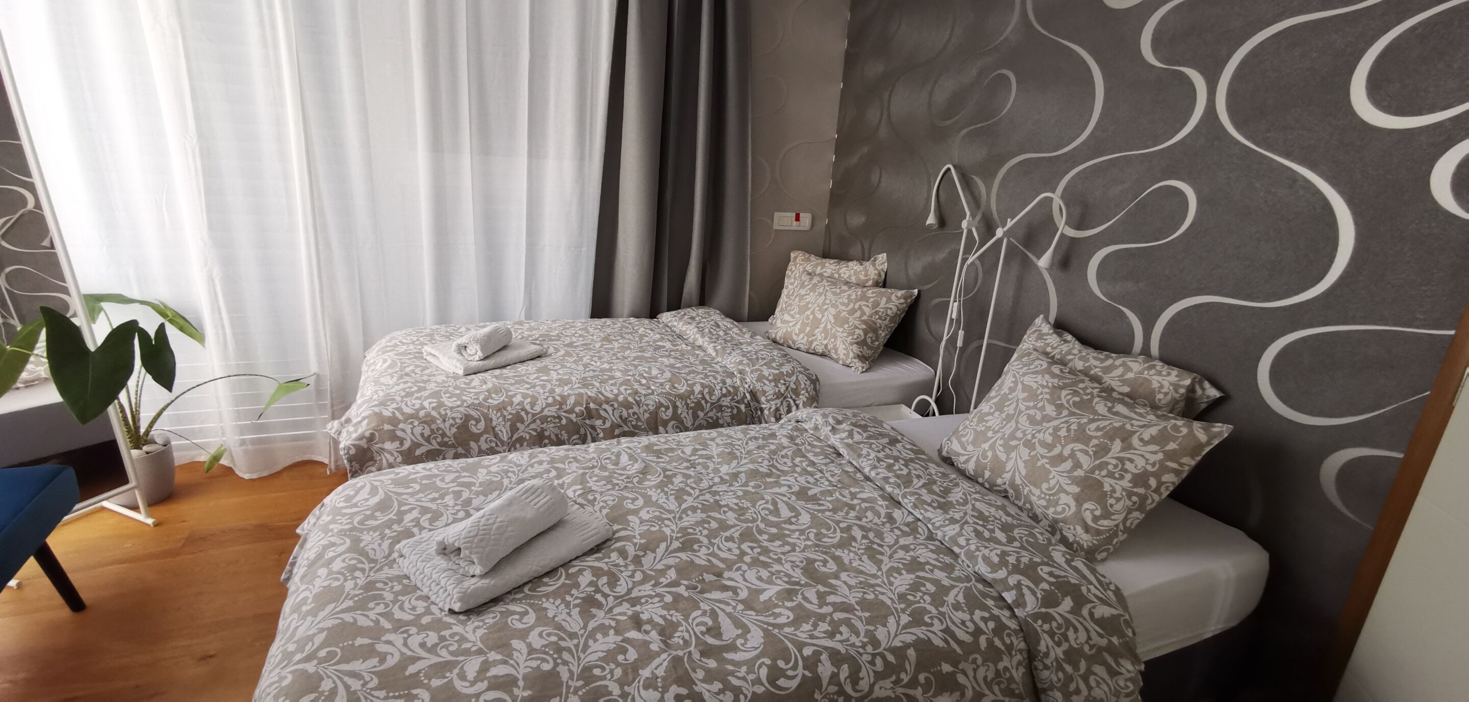 Une chambre d’hôtel avec deux lits, une table de chevet, une plante en pot et une fenêtre avec des rideaux.