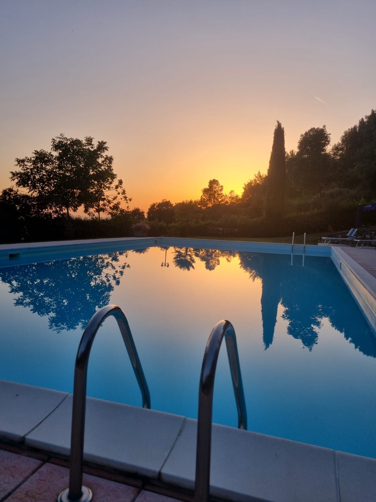 A swimming pool with clear water reflecting trees and a sunset.