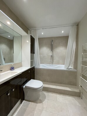 Combined shower/bathtub, jetted bath, hair dryer, towels
