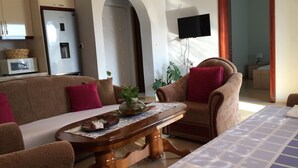 A living room with a sofa, armchairs, a coffee table, and a television. - Prefect place to spend your holidays ! (Ksamil)