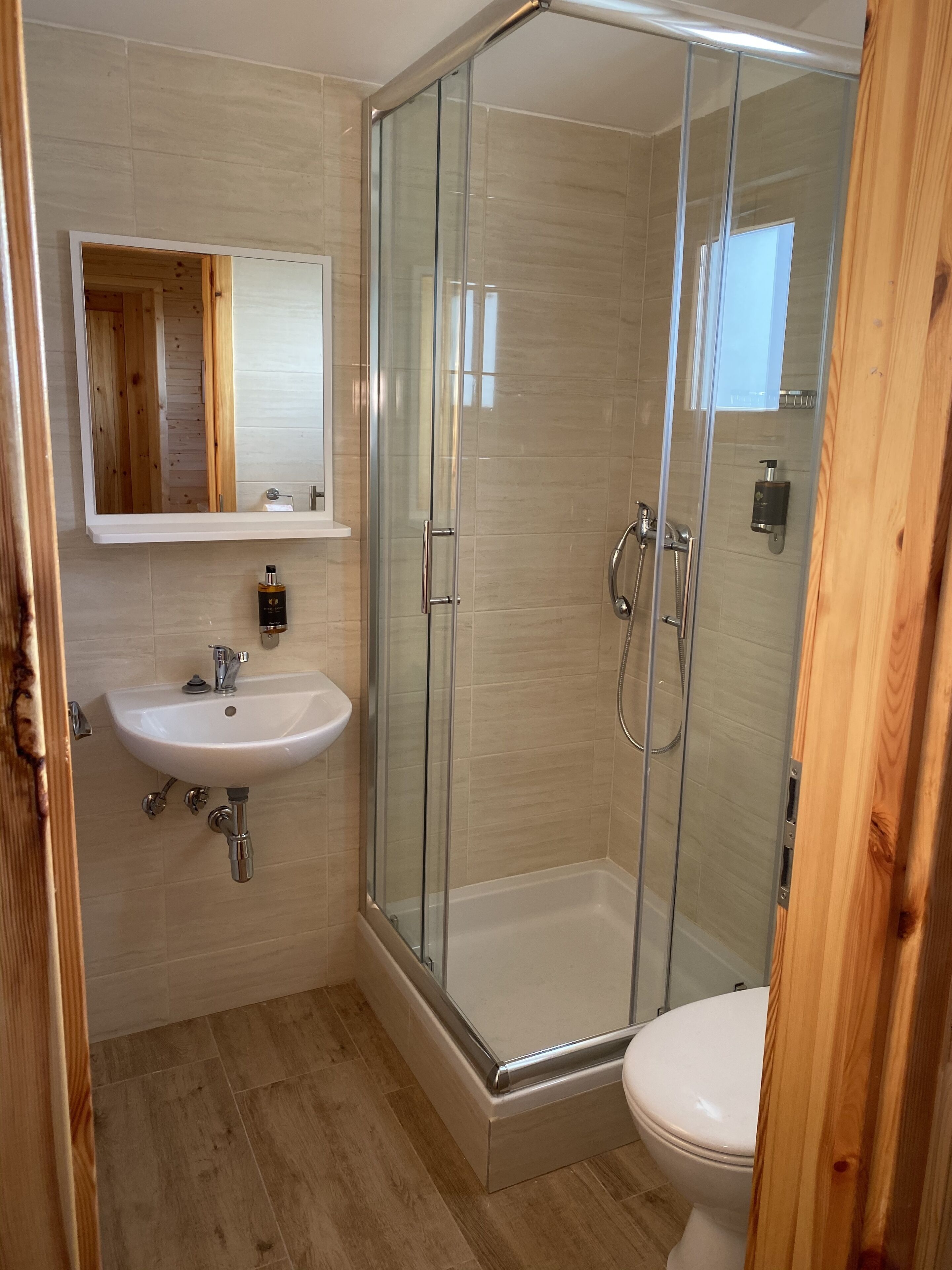 Ein modernes Badezimmer mit einer gläsernen Duschkabine, einem weißen Waschbecken und einer Toilette.