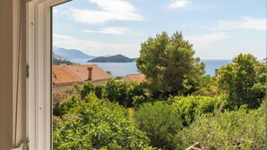 Vista dalla finestra su una zona costiera con edifici e vegetazione.