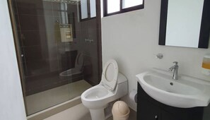 Bathroom features a glass-enclosed shower, white sink, and toilet.