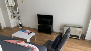 A living room with a grey sofa, a white coffee table, a black TV stand, and a white radiator. - Shimaya Building 505 (Sapporo)
