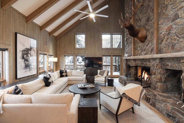 Flat-screen TV, fireplace, video games, DVD player