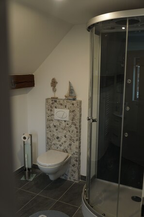 Shower, hair dryer, towels, soap
