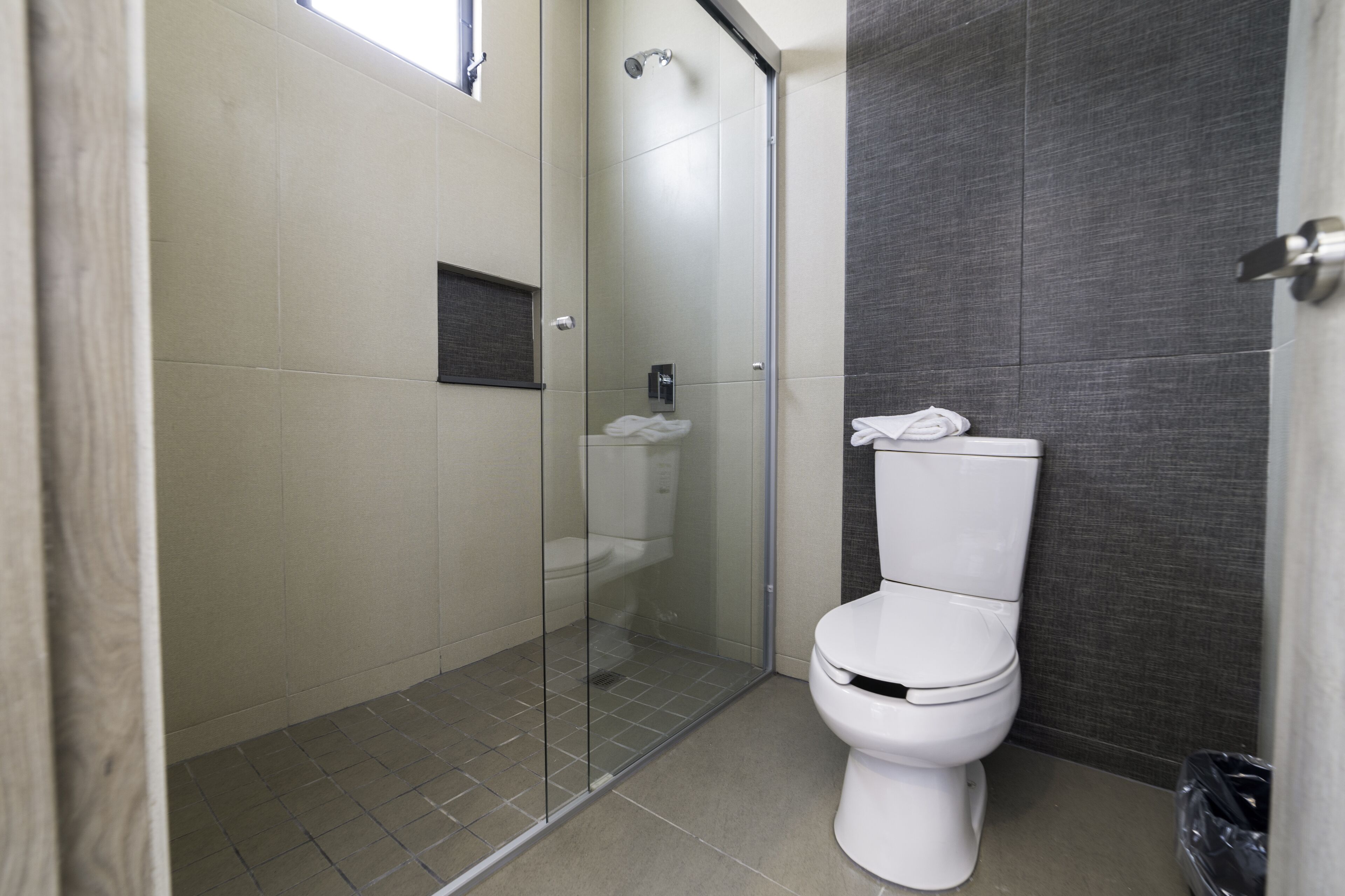 A modern bathroom with a glass-enclosed shower, a toilet, and a small sink.