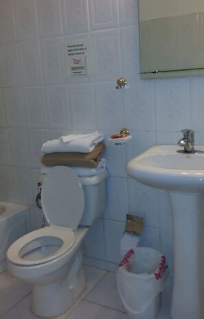 Combined shower/tub, towels, soap, toilet paper