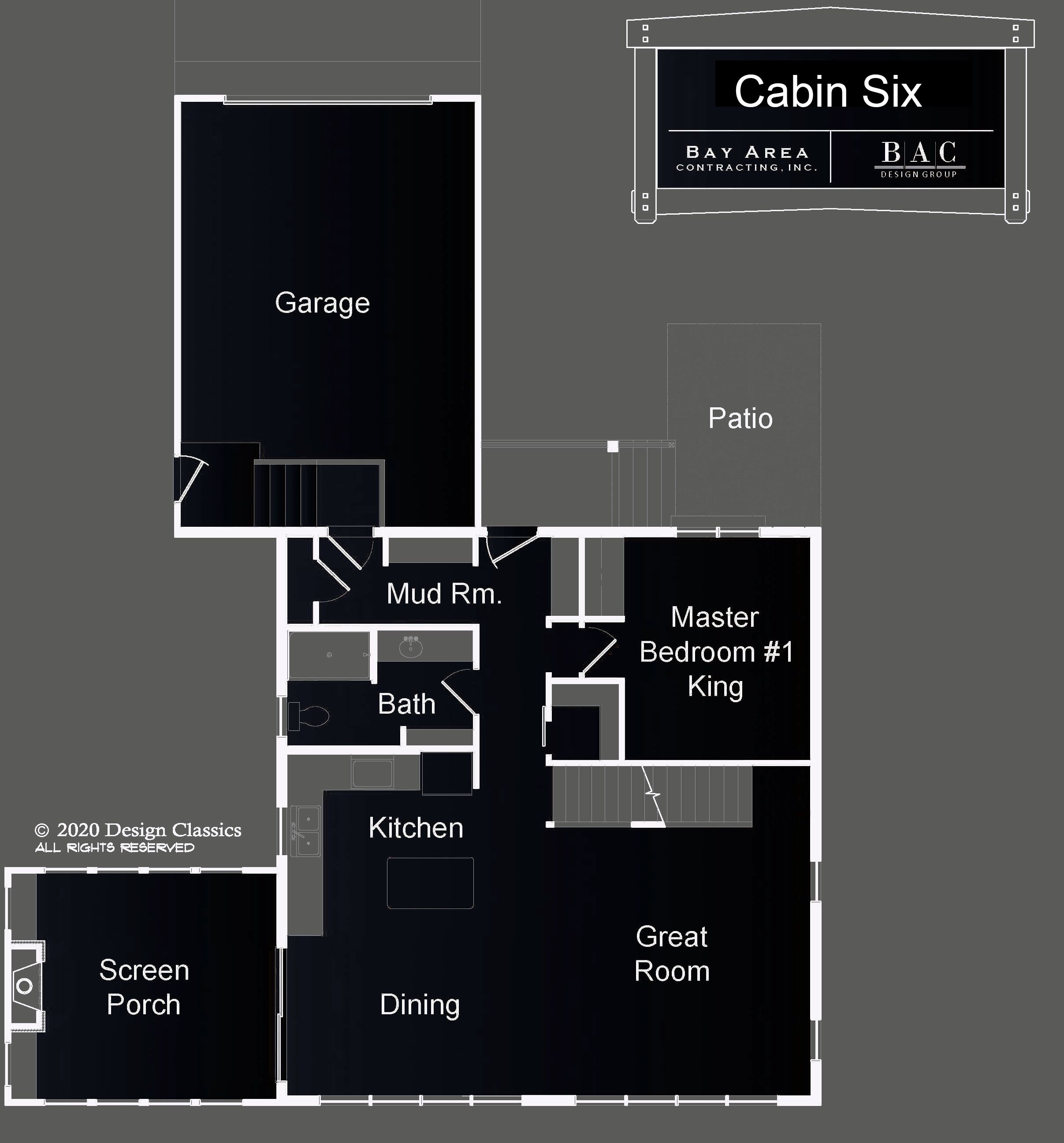 Ein Grundriss einer Hütte mit Garage, Vorraum, Bad, Küche, Essbereich, einverglastem Wintergarten, Terrasse und einem Hauptschlafzimmer.