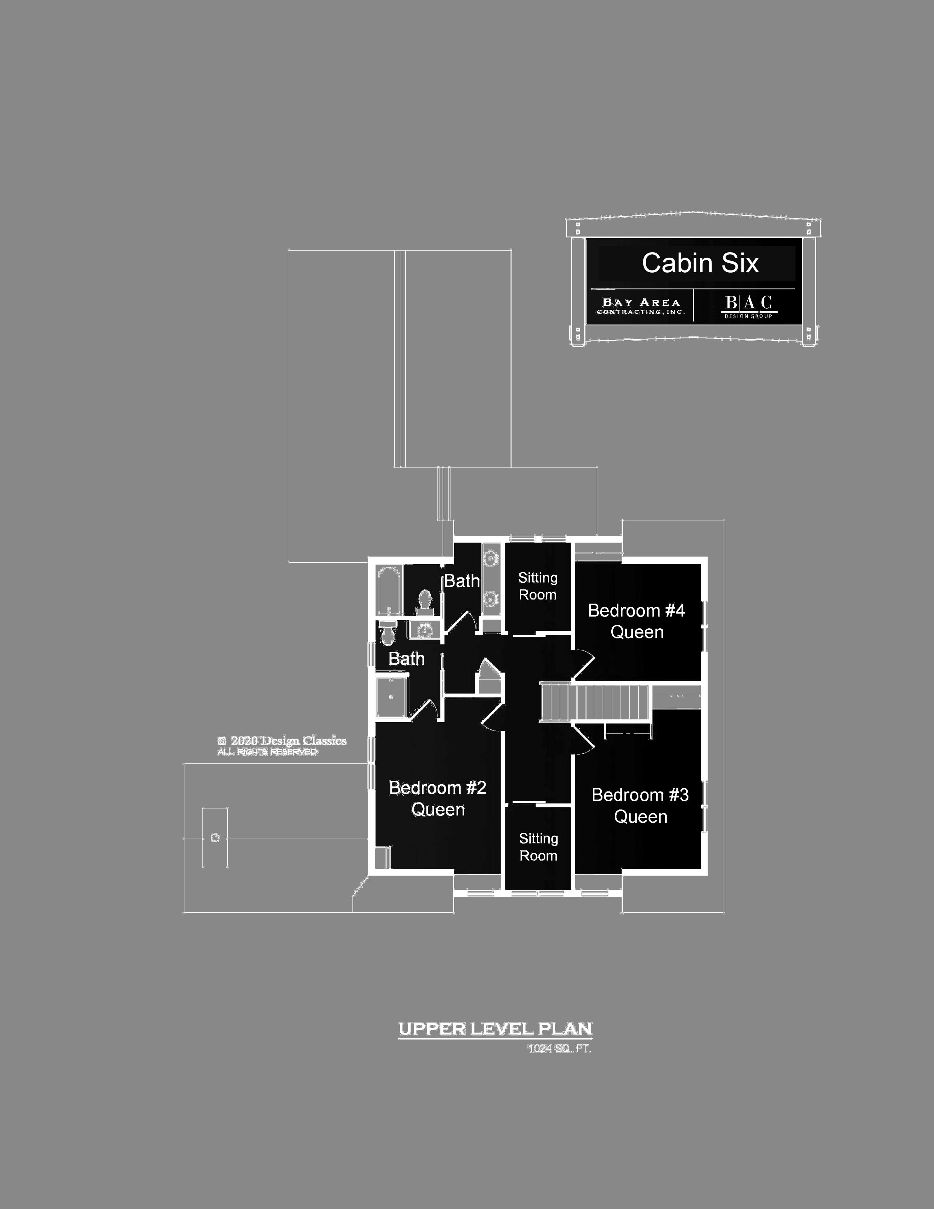 Plan d’étage d’un chalet comprenant quatre chambres, deux salons et deux salles de bain.