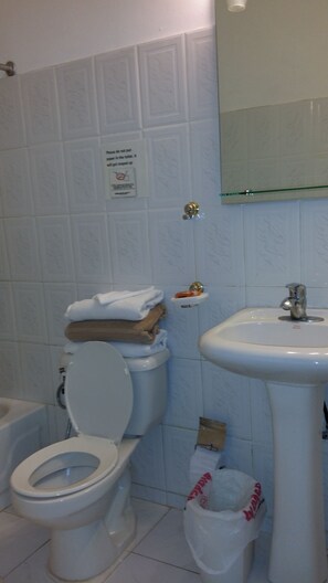 Ensemble douche/baignoire, serviettes fournies, savon, papier toilette