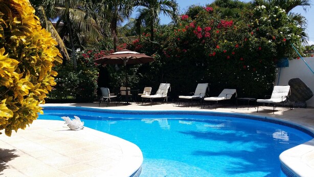 Una piscina con agua azul cristalina, rodeada de sillas de descanso blancas y un paraguas marrón.