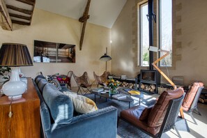 Cheminée, table de tennis de table, livres