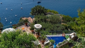 A pool area with a view of the sea, surrounded by greenery and a small deck with a railing. - Villa Blumarine - Private villa with pool and sea views (Positano)