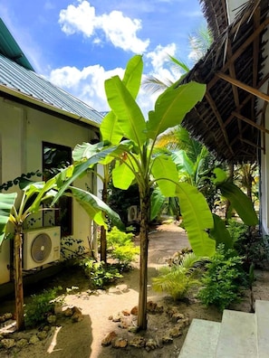 A building with a thatched roof, surrounded by lush greenery and a clear sky. - Asante Sana Beach Cottages - Beachfront Cottage  (Fukuchani)