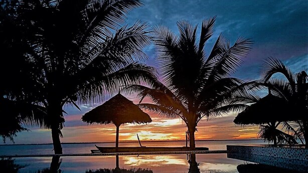 Ein friedlicher Sonnenuntergang mit Palmen und einem Reetdach-Sonnenschirm an einem spiegelnden Pool.