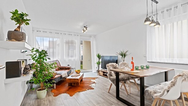 A modern living room with a sofa, coffee table, and dining area with chairs. There are plants, a TV, and a large window. - Holiday Apartment "Fairschlafen Am See" with Private Terrace & Wi-Fi (Friedrichshafen)