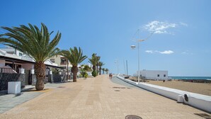 A coastal walkway with palm trees, street lamps, and buildings.