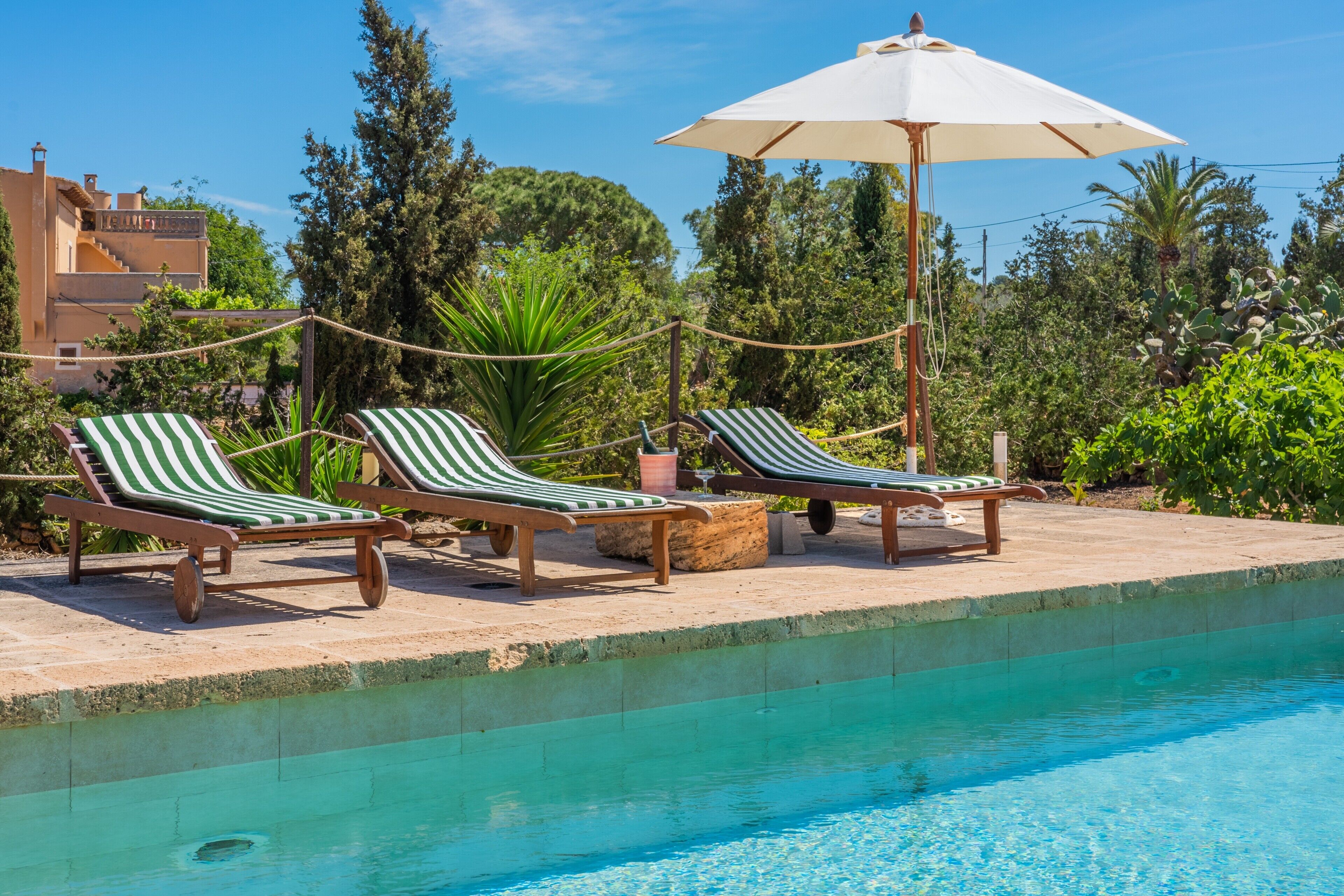 Un espace aménagé au bord de la piscine, avec des chaises longues et un parasol, entouré de verdure et avec un bâtiment en arrière-plan.