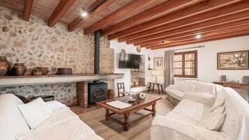 Televisión, chimenea, mesa de ping pong