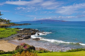 On the beach, sun loungers, beach towels