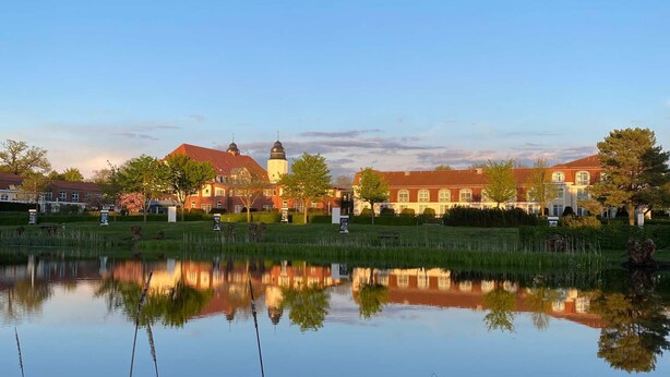 Ein friedlicher Seeblick mit Spiegelung von Gebäuden und Bäumen, einem klaren Himmel und einer ruhigen Wasseroberfläche.