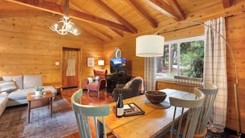 Smart TV, fireplace, books, offices